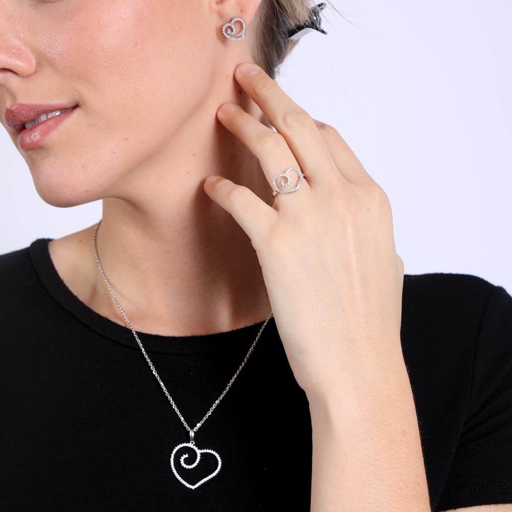 Silver 925 Rhodium Plated Clear Open Heart CZ Stud Earring and Necklace Set - GMS00002RH