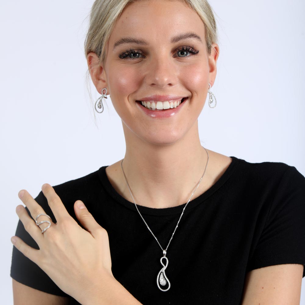 Juego de aretes y collar colgantes con circonita cúbica de berenjena y bucle abierto transparente chapado en rodio de plata 925 - GMS00005