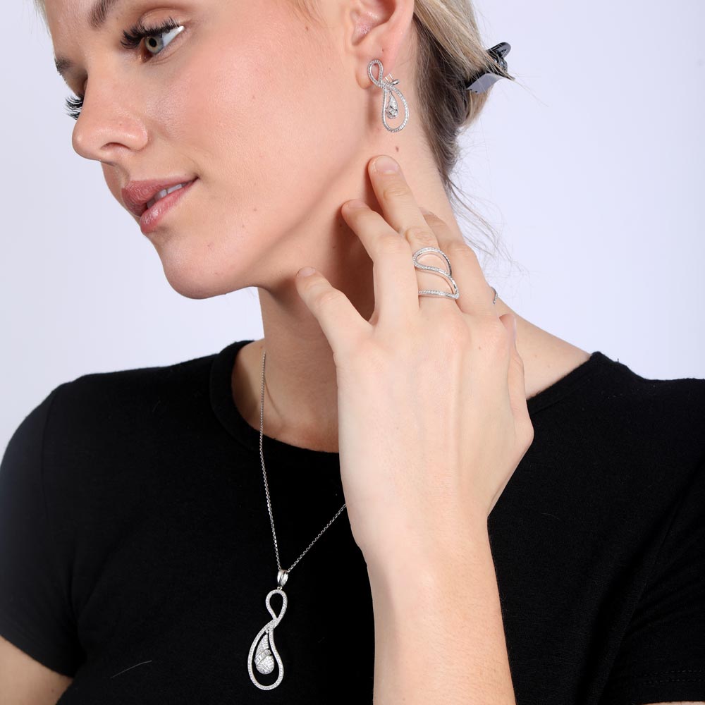 Juego de aretes y collar colgantes con circonita cúbica de berenjena y bucle abierto transparente chapado en rodio de plata 925 - GMS00005