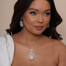 Silver 925 Rhodium Plated Clear Filigree Micro Pave CZ Dangling Stud Earring and Necklace Set - GMS00007RH