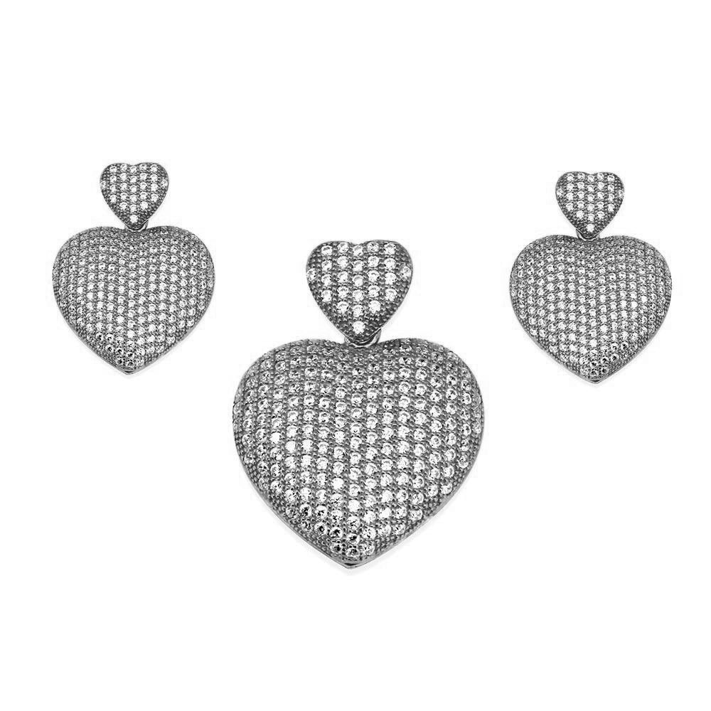 Silver 925 Rhodium Plated Clear Micro Pave Heart CZ Dangling Stud Earring and Dangling Necklace Set - GMS00009RH
