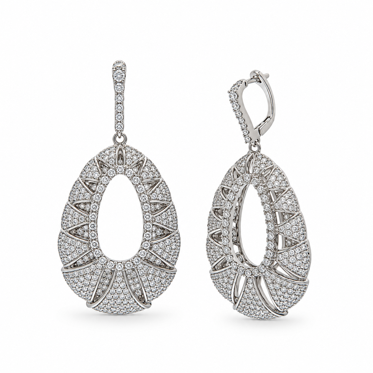 Rhodium Plated 925 Sterling Silver Clear Micro Pave Open Puff Teardrop CZ Dangle Earring and Necklace Set - GMS00013RH