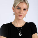 Silver 925 Rhodium Plated Clear Micro Pave Open Puff Teardrop CZ Dangling Stud Earring and Dangling Necklace Set - GMS00013RH