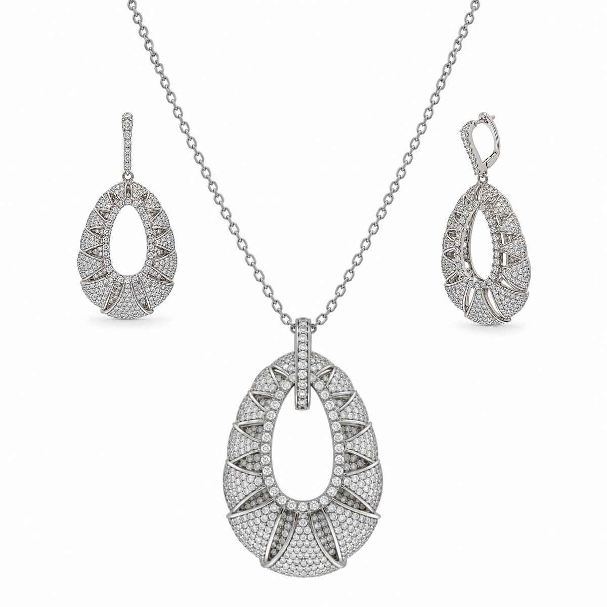 Rhodium Plated 925 Sterling Silver Clear Micro Pave Open Puff Teardrop CZ Dangle Earring and Necklace Set - GMS00013RH