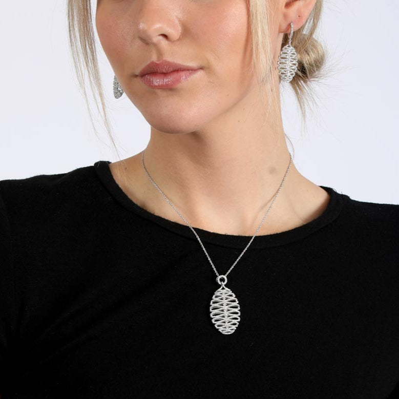 Silver 925 Rhodium Plated Clear Micro Pave Skeletal Oval CZ Dangling Stud Earring and Dangling Necklace Set - GMS00014RH
