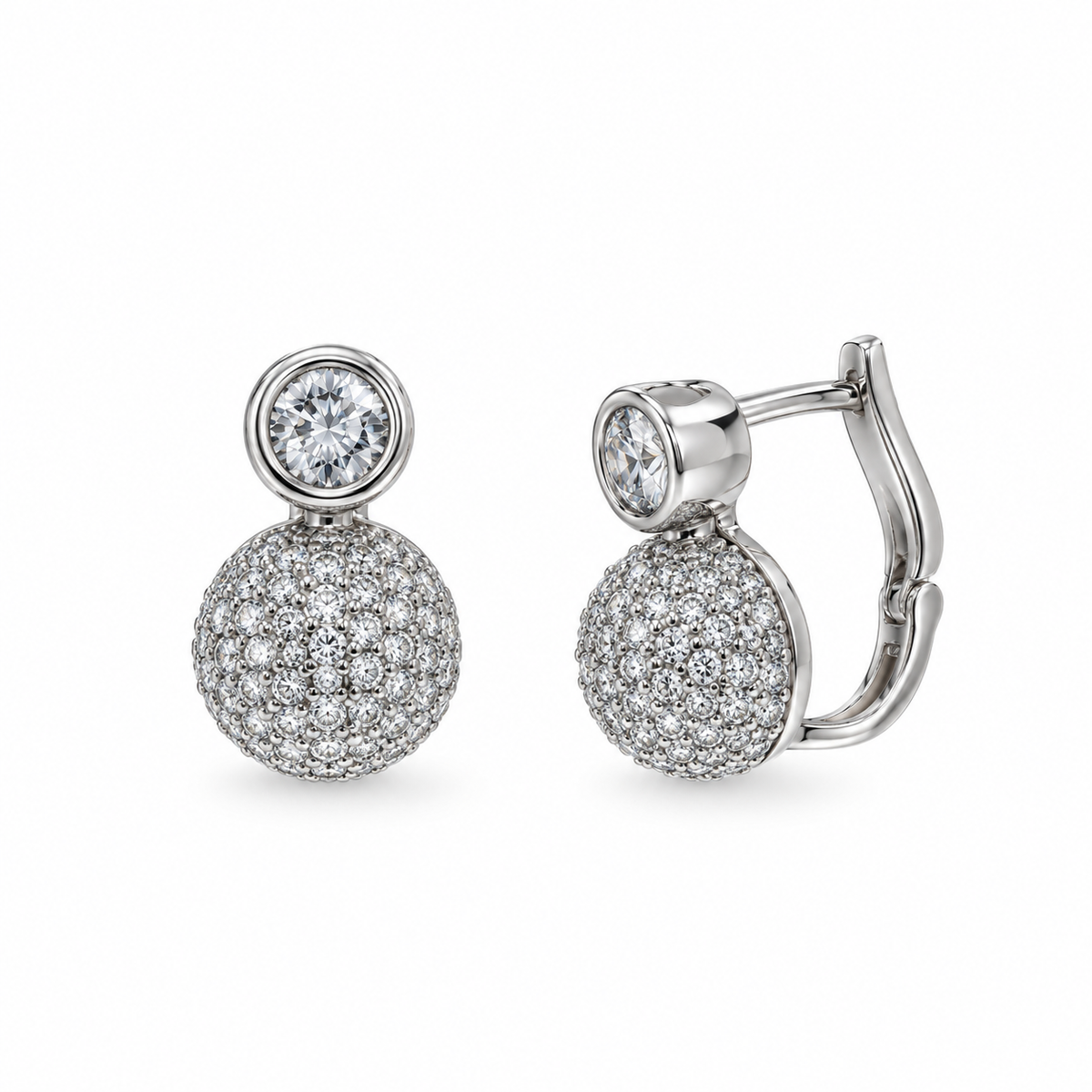 Rhodium Plated 925 Sterling Silver Bezel Half Dome CZ Earring and Necklace Set- GMS00024RH