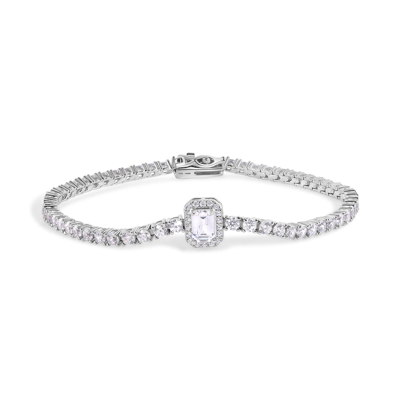 Rhodium Plated 925 Sterling Silver Baguette Center Stone Clear CZ Tennis 2.6mm Necklace Bracelet and Dangling Earring Set - GMS00030