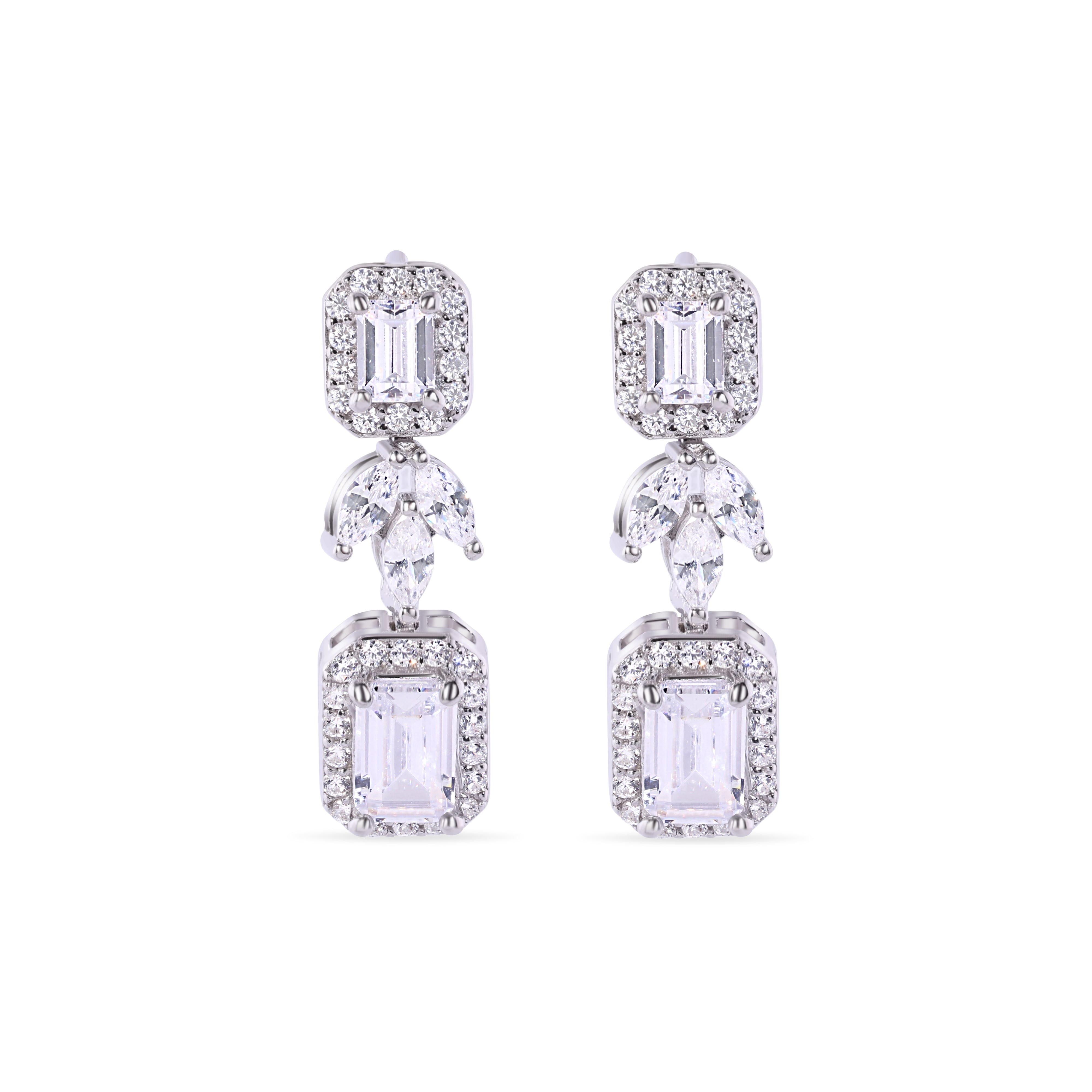 Rhodium Plated 925 Sterling Silver Baguette Center Stone Clear CZ Tennis 2.6mm Necklace Bracelet and Dangling Earring Set - GMS00030