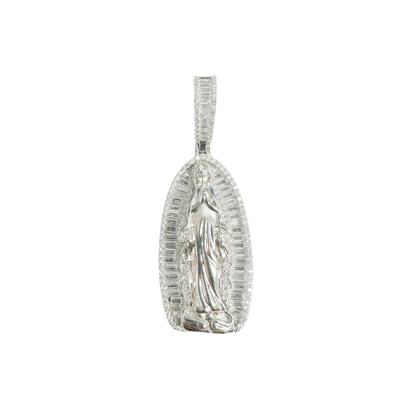 Rhodium Plated 925 Sterling Silver Our Lady Of Guadalupe Baguette Clear CZ 40mm Pendant - SLP00385