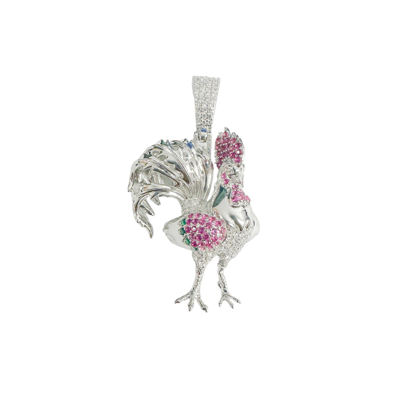 Rhodium Plated 925 Sterling Silver Rooster Red Green and Clear CZ Pendant - SLP00387