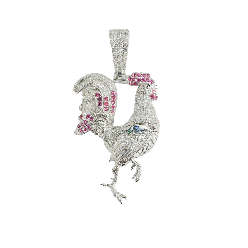 Rhodium Plated 925 Sterling Silver Rooster Red and Clear CZ Pendant - SLP00389