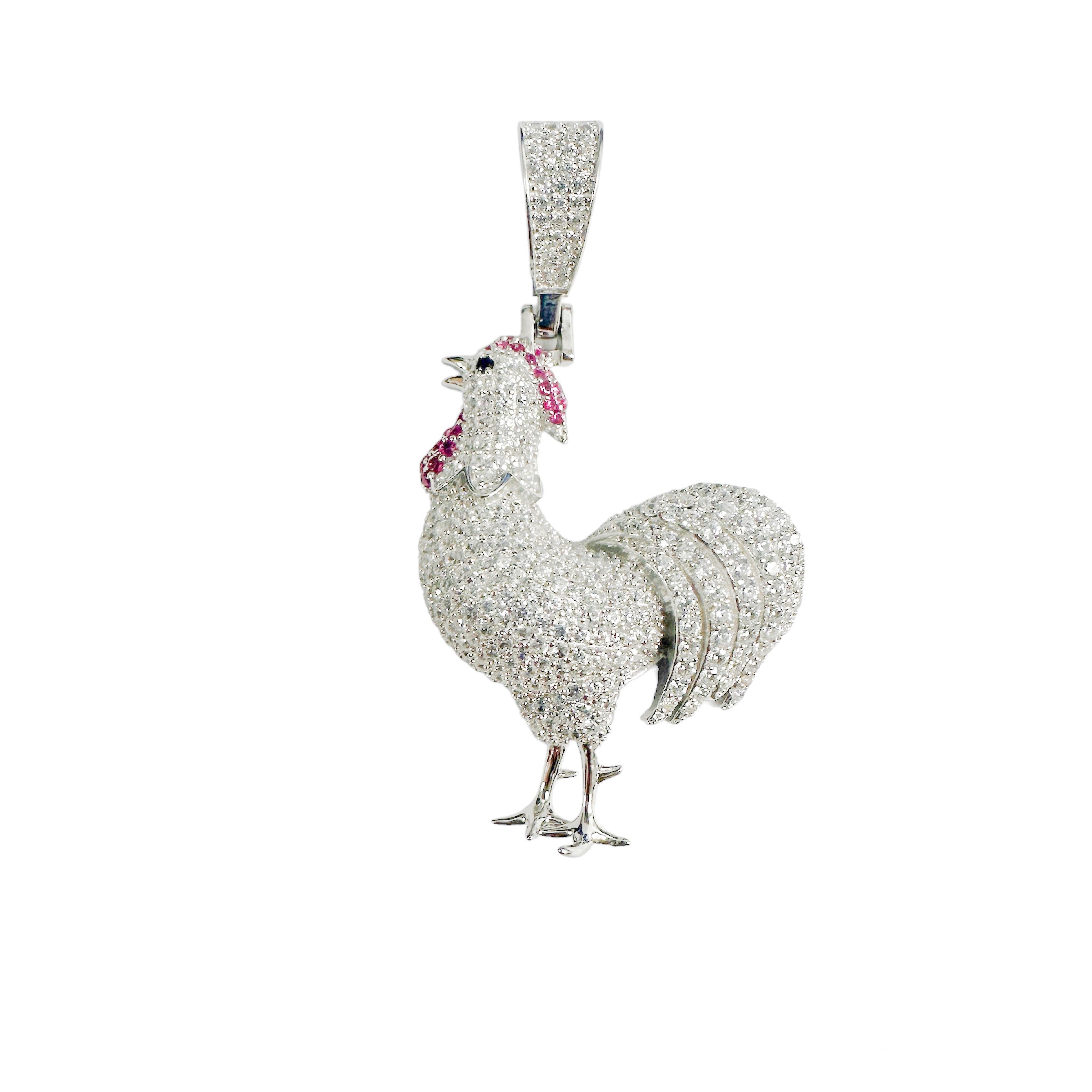 Colgante de pollo en plata de ley 925 rodiada con circonitas rojas y transparentes - SLP00390