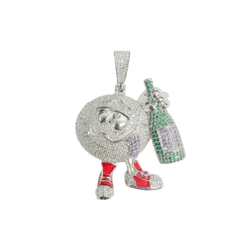 Rhodium Plated 925 Sterling Silver Drunk Wine Bottle Clear Green and Purple CZ Red Enamel Pendant - SLP00395