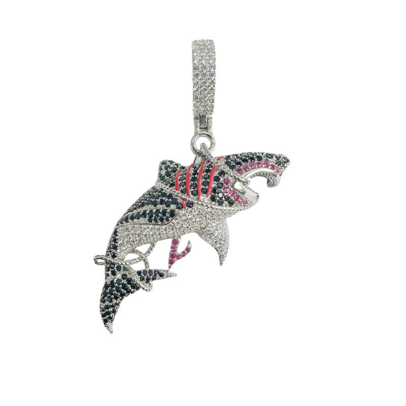 Rhodium Plated 925 Sterling Silver Tangled Shark Black Red and Clear CZ Pendant - SLP00405