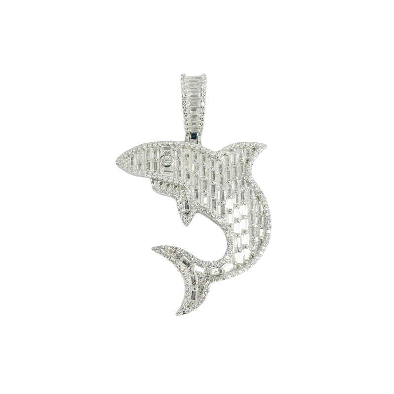 Rhodium Plated 925 Sterling Silver Shark Baguette Clear CZ Pendant - SLP00412