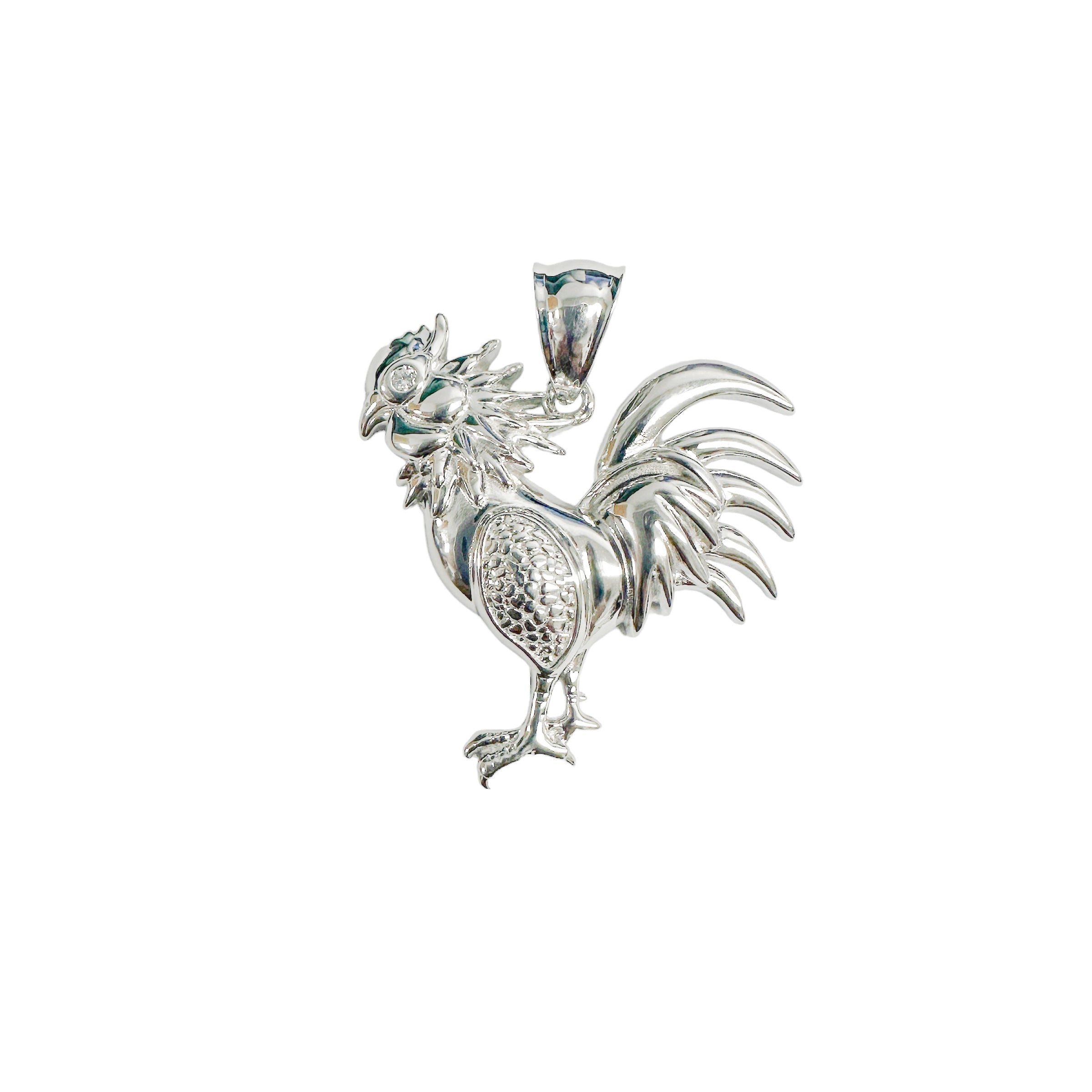 Rhodium Plated 925 Sterling Silver Rooster Clear CZ Eye Pendant