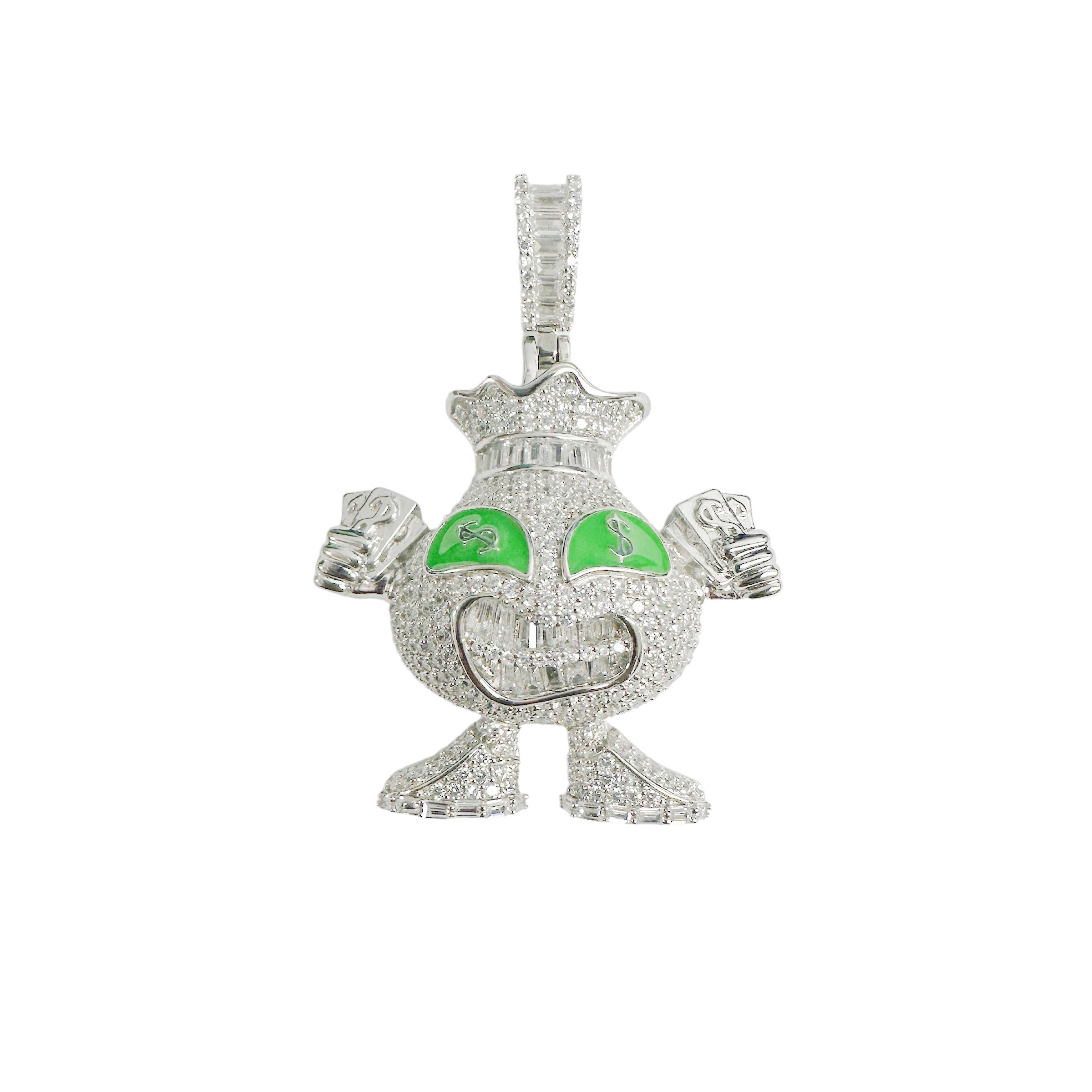 Rhodium Plated 925 Sterling Silver Cash GReedy Character Clear CZ Green Enamel Pendant - SLP00415