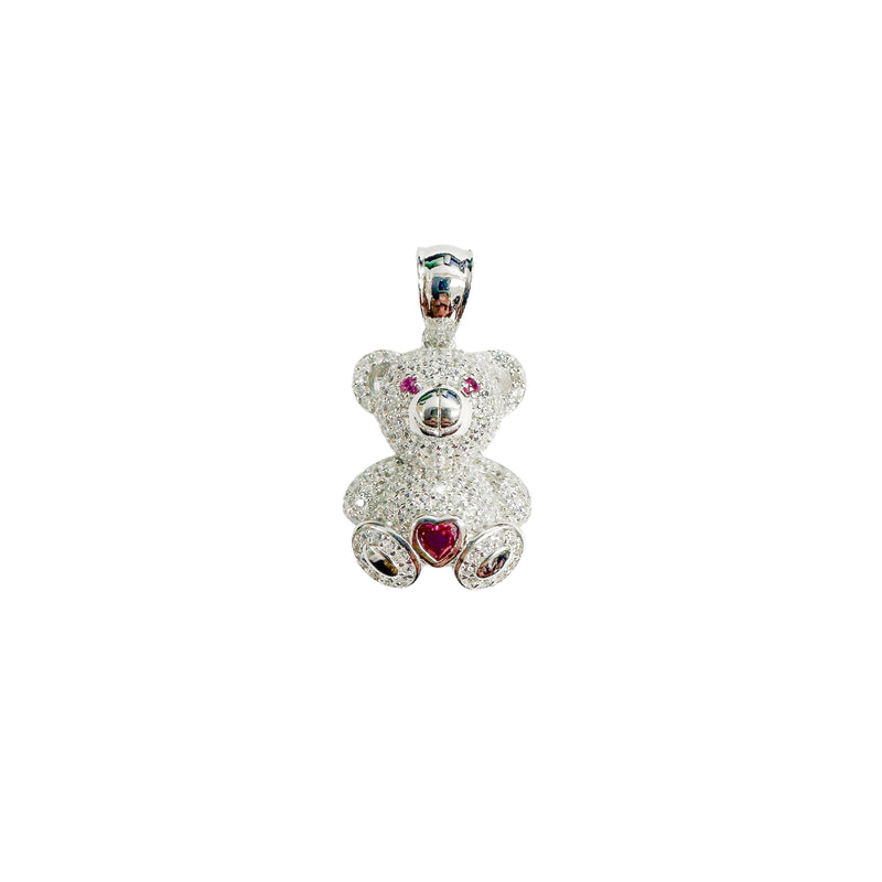 Rhodium Plated 925 Sterling Silver Teddy Bear Heart Clear and Red CZ Pendant - SLP00418