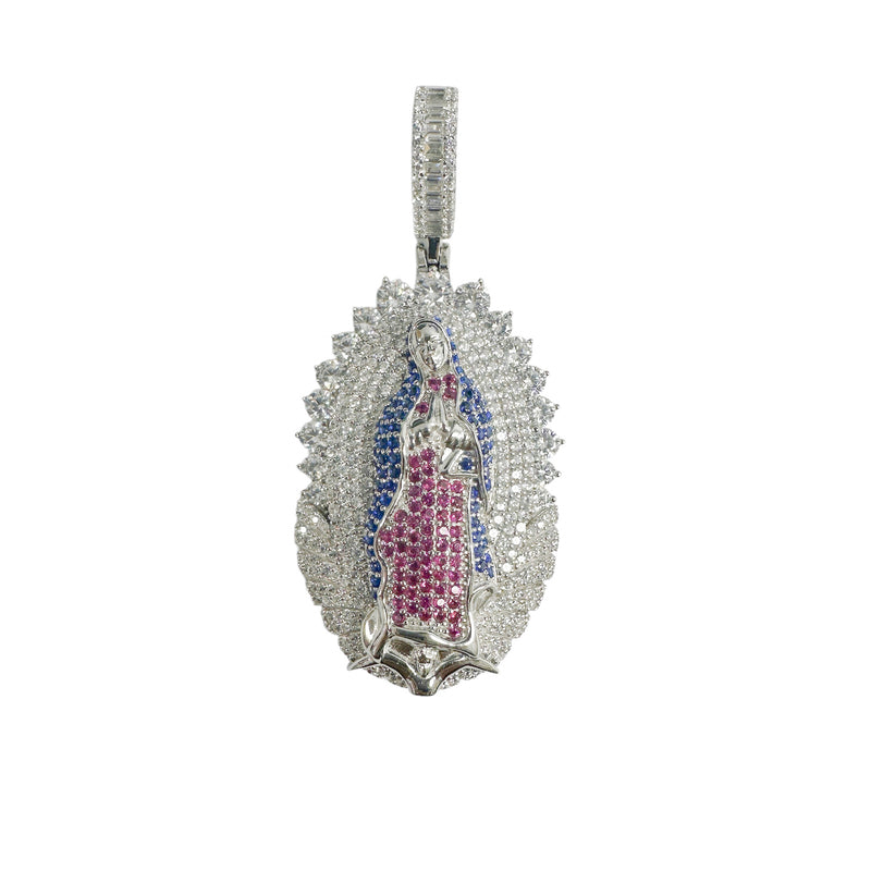 Rhodium Plated 925 Sterling Silver Our Lady of Guadalupe Clear Red and Blue CZ Pendant - SLP00421