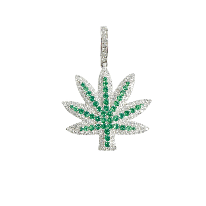 Colgante de plata 925 chapado en rodio de marihuana, cannabis, verde y circonita transparente - SLP00420
