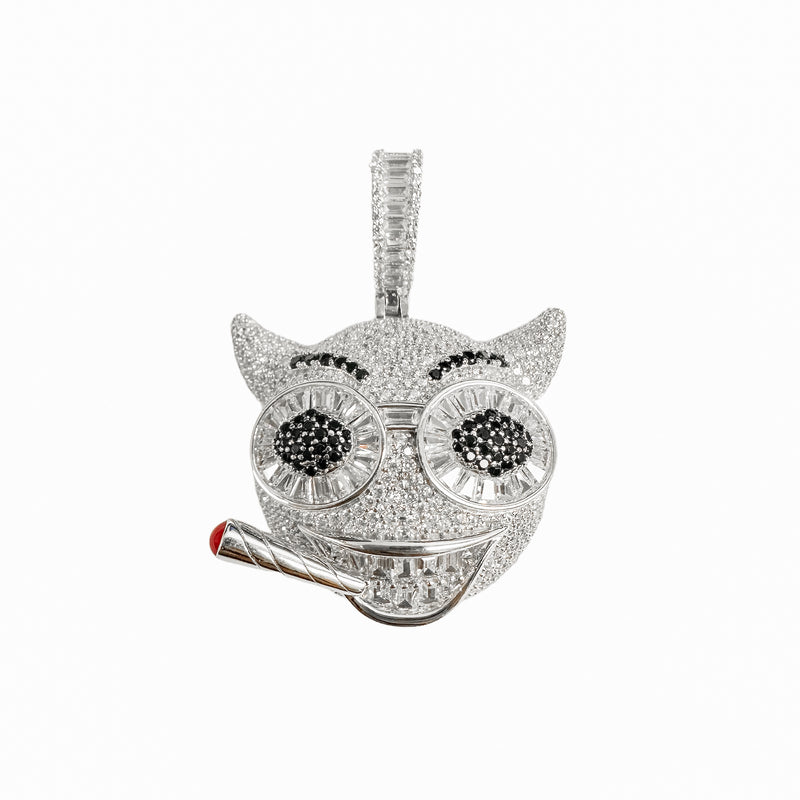 Rhodium Plated 925 Sterling Silver Devil Smoking Clear and Black CZ Pendant - SLP00408
