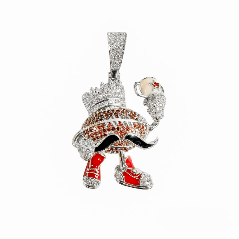Rhodium Plated 925 Sterling Silver Football Crown Mustache Clear and Orange CZ Red Black and Yellow Enamel Pendant - SLP00398