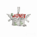 Colgante de plata de ley 925 rodiada con forma de bolsa de dinero y pistolas, con circonitas transparentes en esmalte rojo y verde - SLP00416