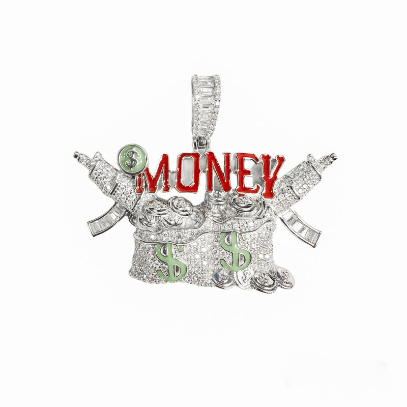 Plata 925 rodio plateado bolsa de dinero armas claro CZ colgante de esmalte rojo y verde - SLP00416