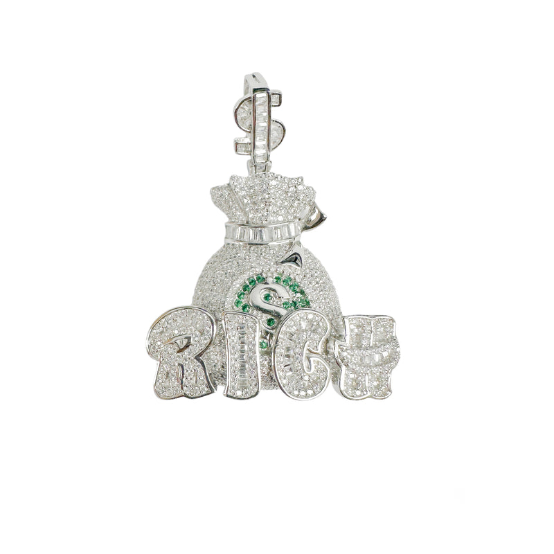 Plata 925 rodio plateado bolsa de dinero rico claro y verde CZ signo de dólar Vale colgante - SLP00413