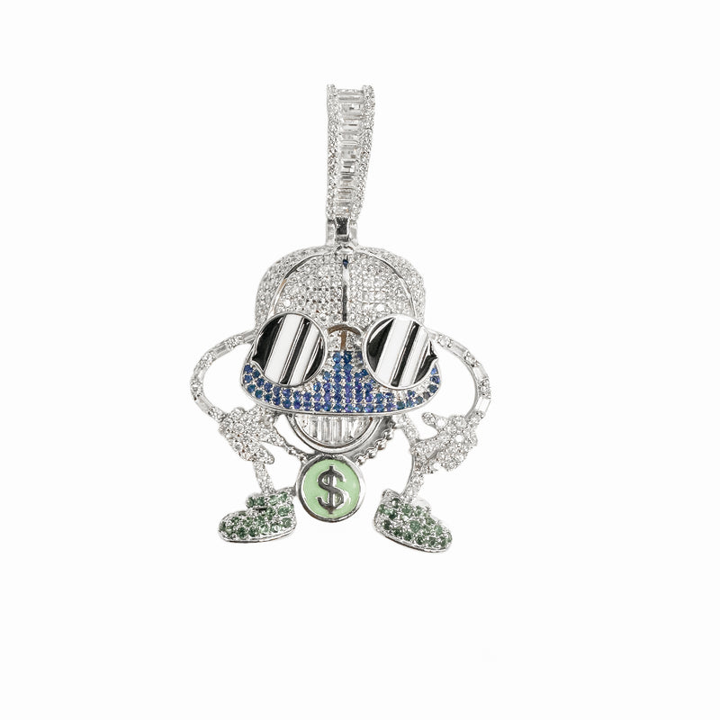 Rhodium Plated 925 Sterling Silver Hip-Hop Black and White Enamel Glasses Clear and Green CZ Pendant - SLP00372
