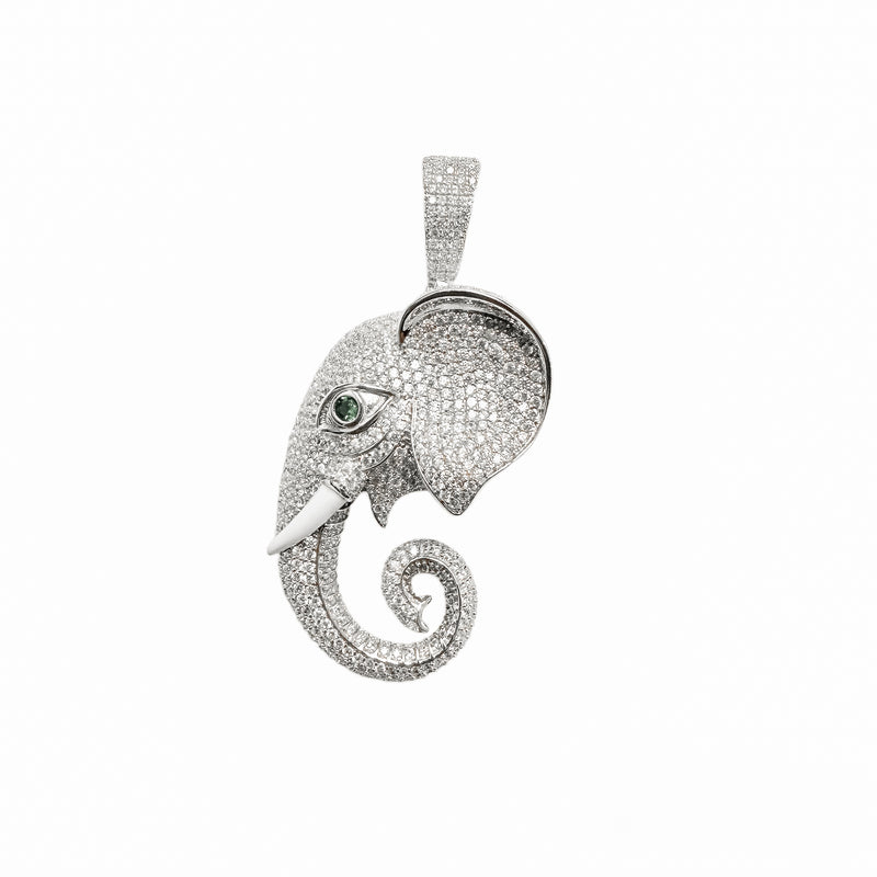 Rhodium Plated 925 Sterling Silver Elephant Green Eye and Clear CZ Pendant - SLP00406