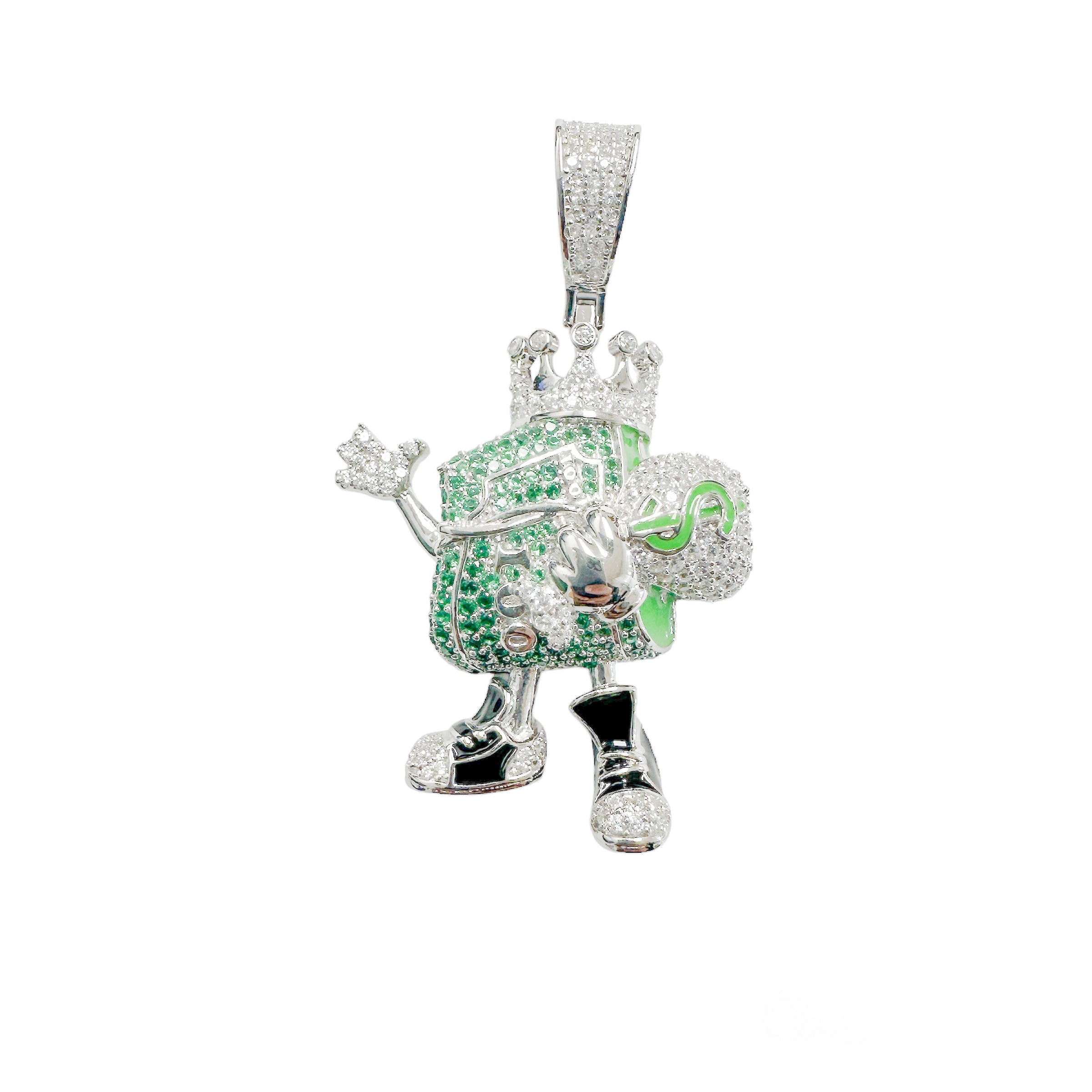 Colgante de bolsa de dinero Cash King en plata de ley 925 rodiada con circonitas verdes y transparentes - SLP00394