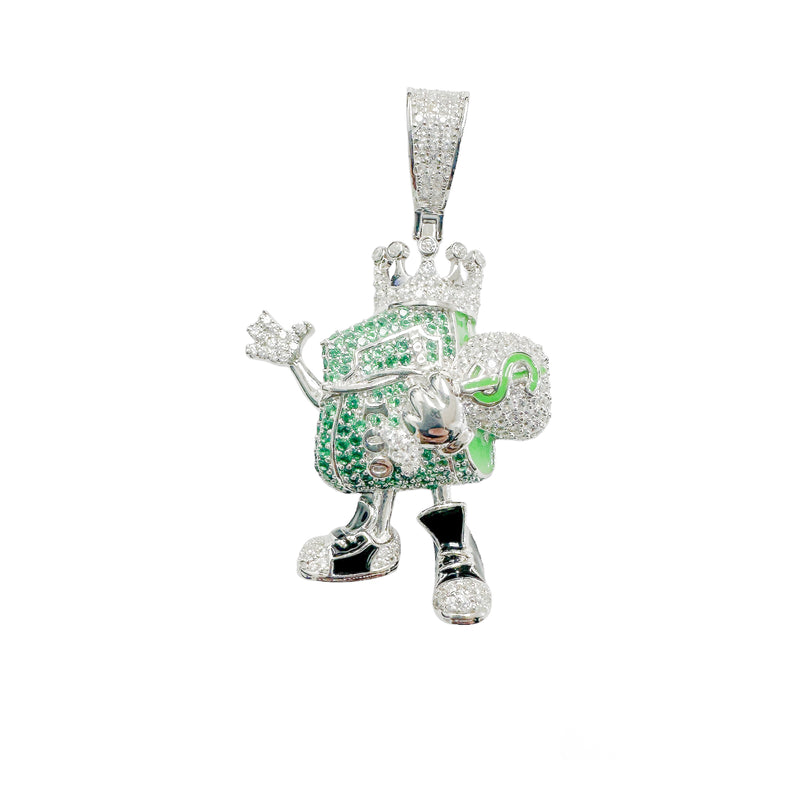 Rhodium Plated 925 Sterling Silver Cash King Money Bag Clear and Green CZ Pendant - SLP00394