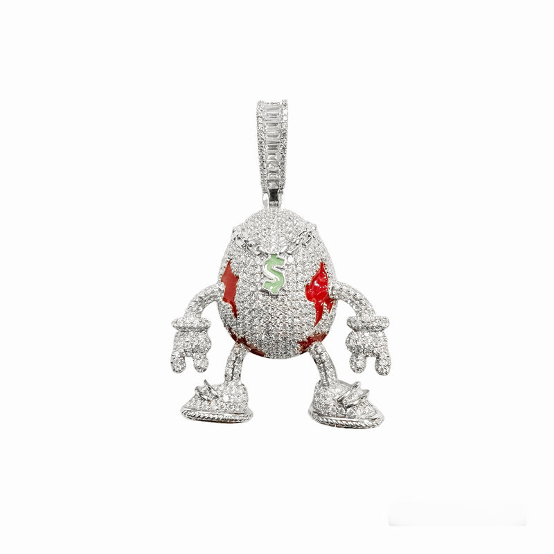 Rhodium Plated 925 Sterling Silver Egg Shaped Hip Hop Clear CZ Red and Green Enamel Pendant - SLP00376