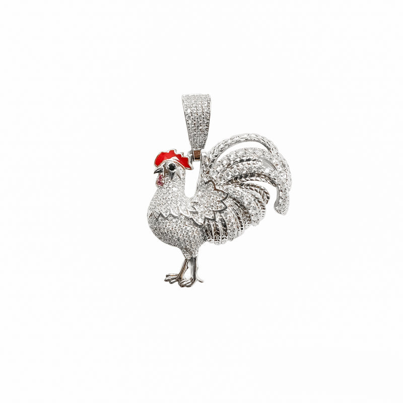 Rhodium Plated 925 Sterling Silver Rooster Clear CZ Red Enamel Pendant - SLP00391
