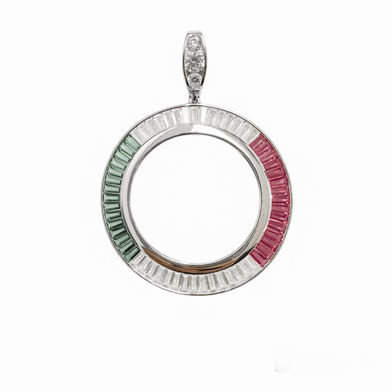 Rhodium Plated 925 Sterling Silver Bezel for Coin Baguette Clear Green and Red CZ Pendant - SLP00356