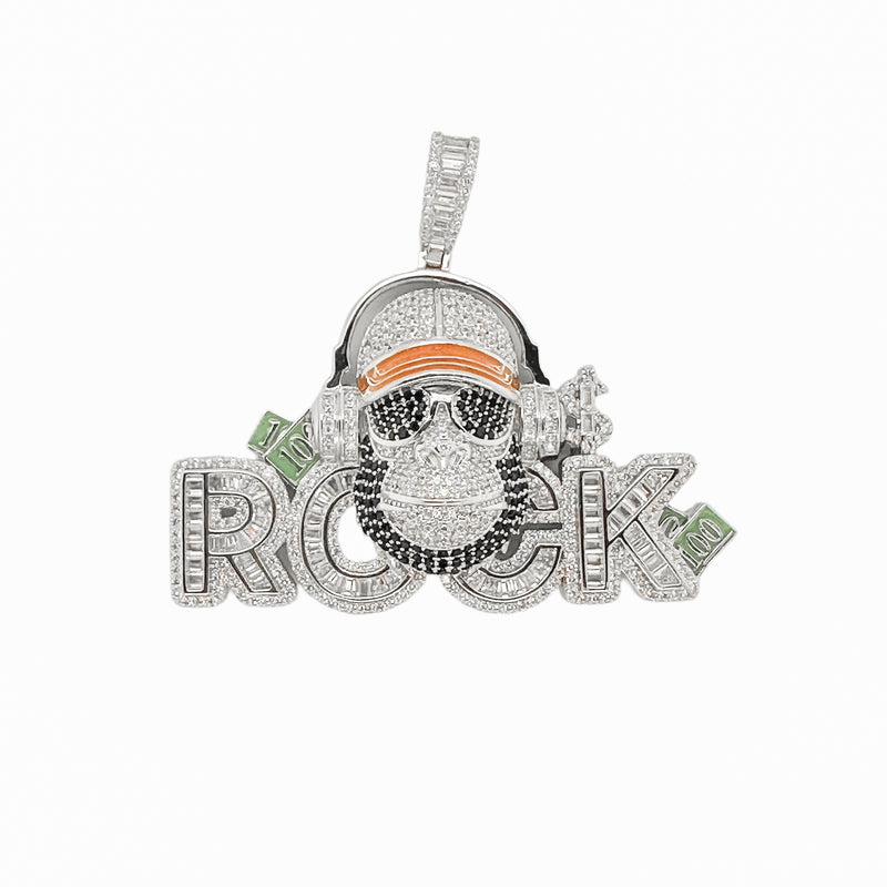 Rhodium Plated 925 Sterling Silver Hip-Hop Rock Monkey Ape Enamel Green and Clear CZ Pendant - SLP00377