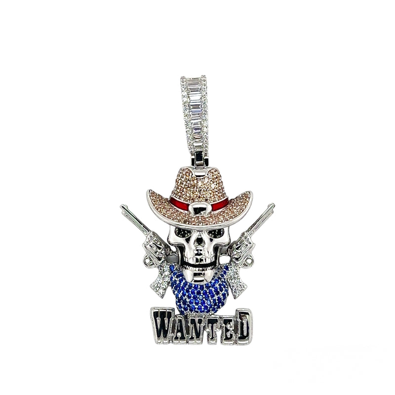 Rhodium Plated 925 Sterling Silver Wild West Skull Guns Wanted Brown Clear Blue CZ Pendant - SLP00386