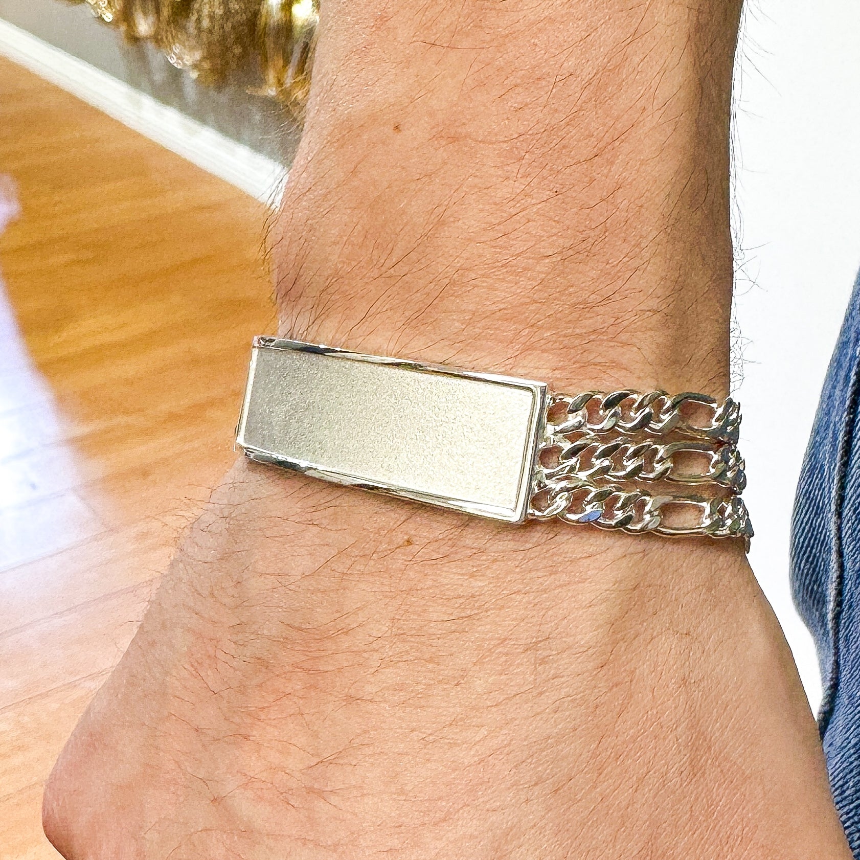 Silver 925 Three Strand Figaro 14.4mm Textured ID Bracelet