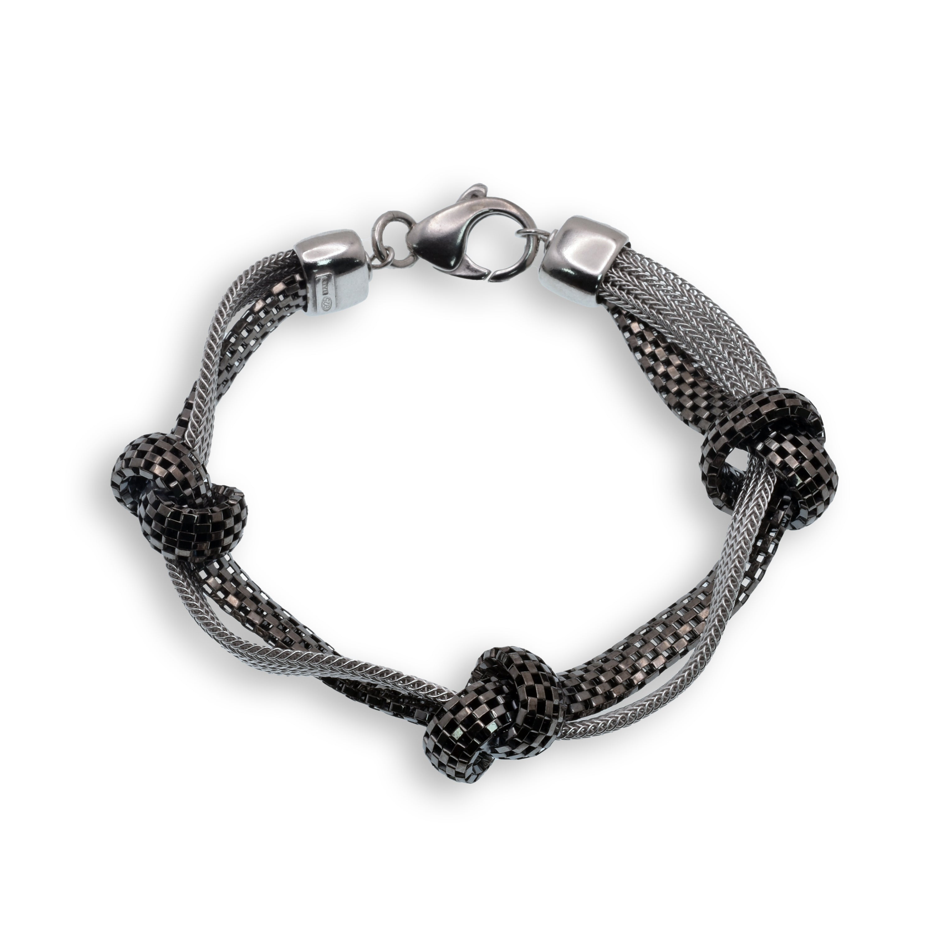 Clearance-Rhodium & Black Plated Italian Braided & Mesh Triple Knot Bracelet- ITB00023RH/BLK