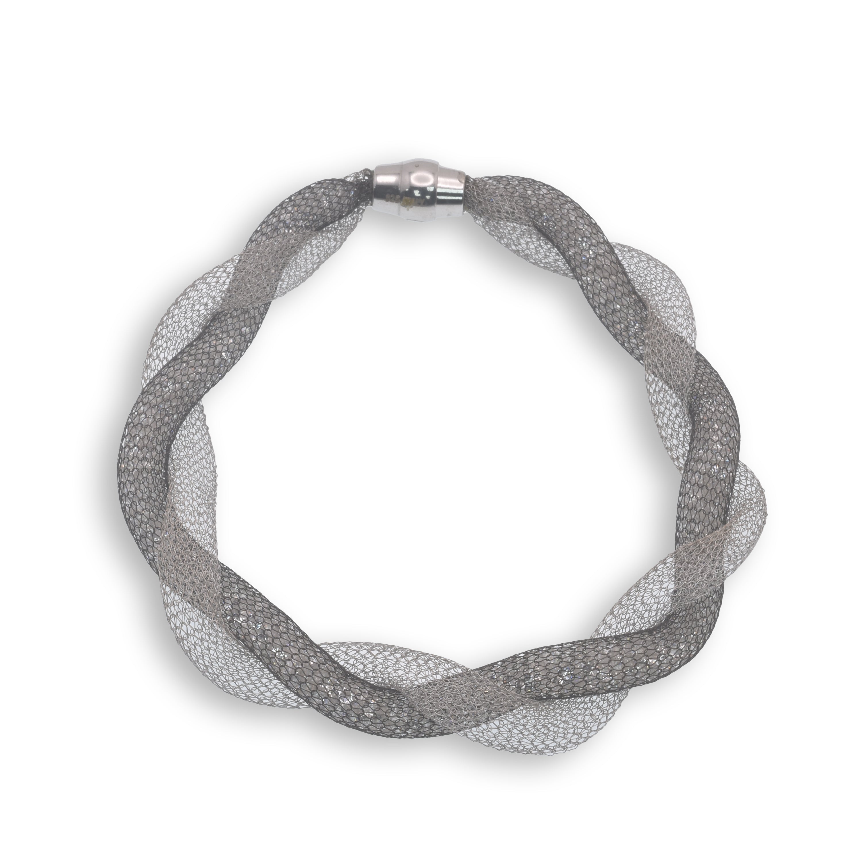 Clearance-Rhodium & Black Plated Italian Twisted Mesh With CZ Bracelet- ITB00032RH