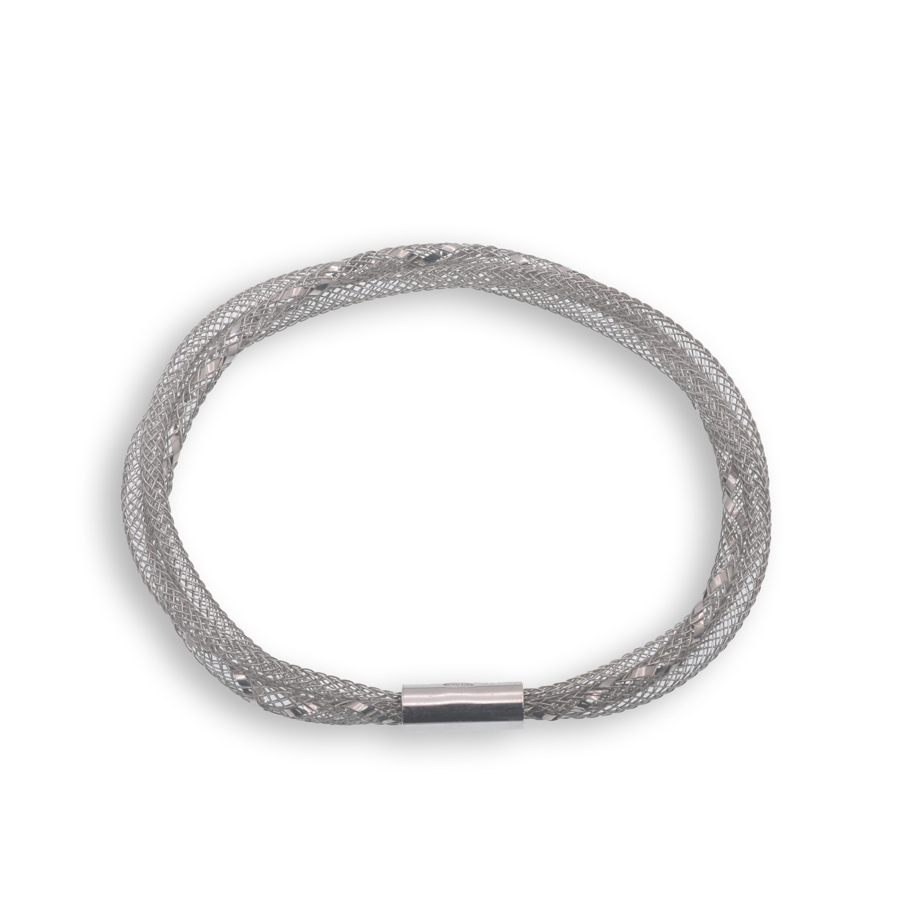 Clearance-Rhodium Plated Italian Twisted Mesh Bracelet- ITB00035RH