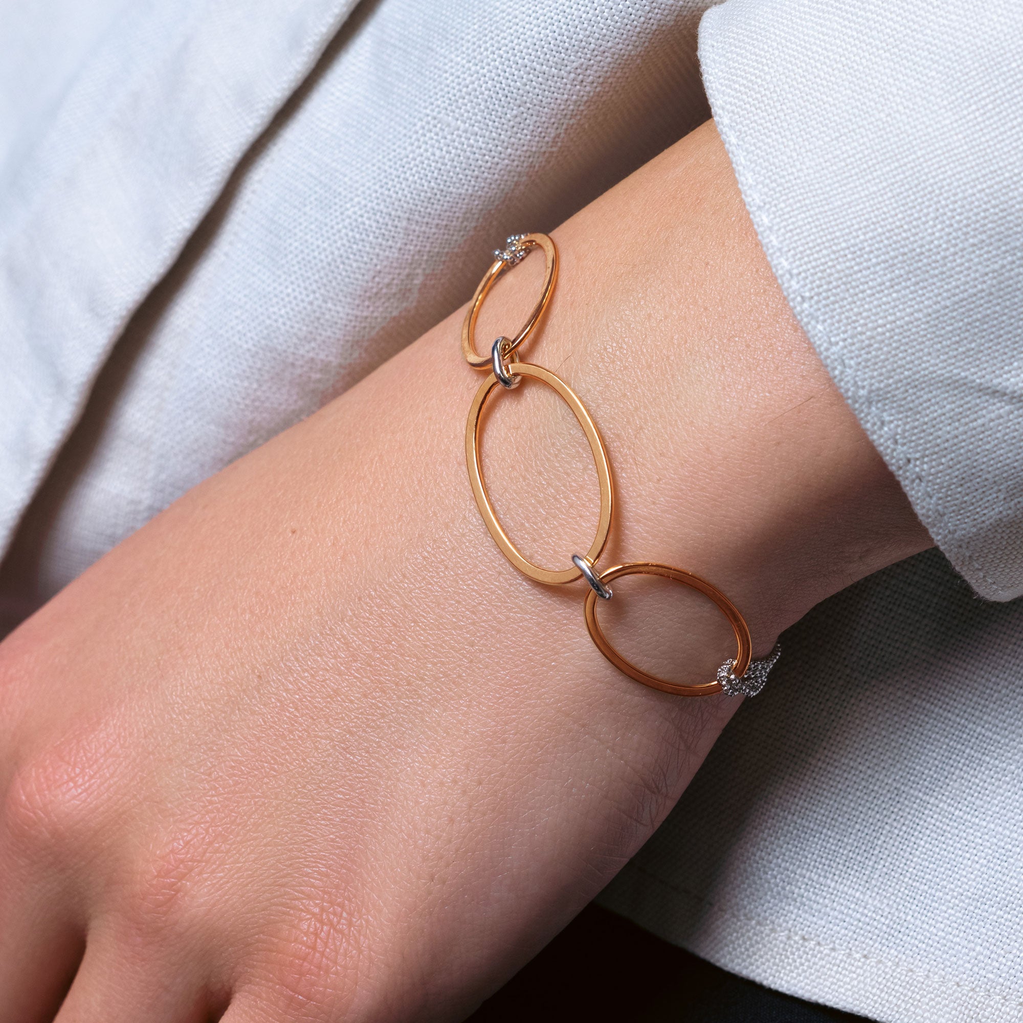 Pulsera italiana chapada en rodio de plata 925 con 3 detalles ovalados chapados en oro rosa - ITB00161RH-RGP