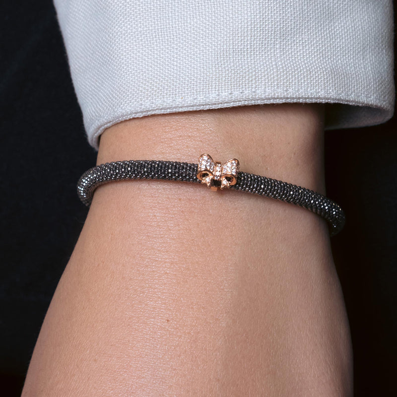 Silver 925 Black Rhodium Plated With Rose Gold Plated Bowtie Bracelet - ITB00179BLK-RGP