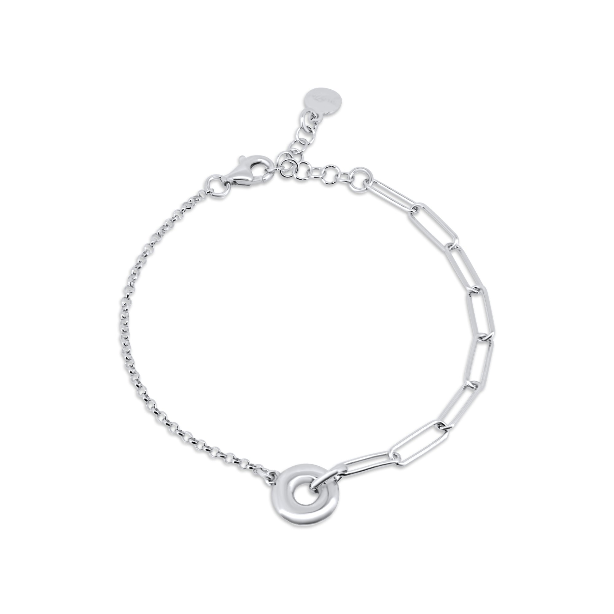Rhodium Plated 925 Sterling Silver Rolo Paperclip Donut Adjustable Bracelet - ITB00334-RH