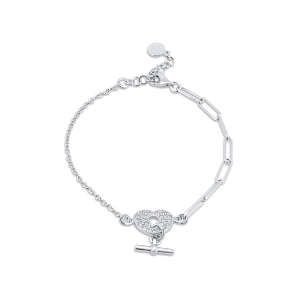 Rhodium Plated 925 Sterling Silver Paperclip Clear CZ Heart Lock Bar Adjustable Bracelet - ITB00336-RH
