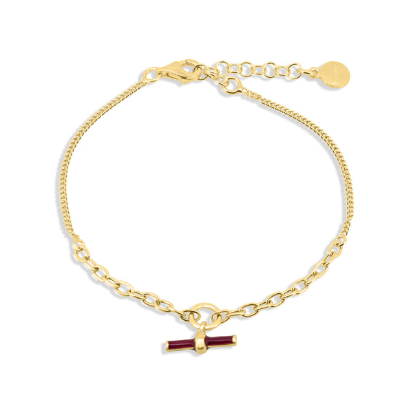 Silver 925 Gold Plated Curb Link Red Enamel Bar Adjustable Bracelet - ITB00338-GP