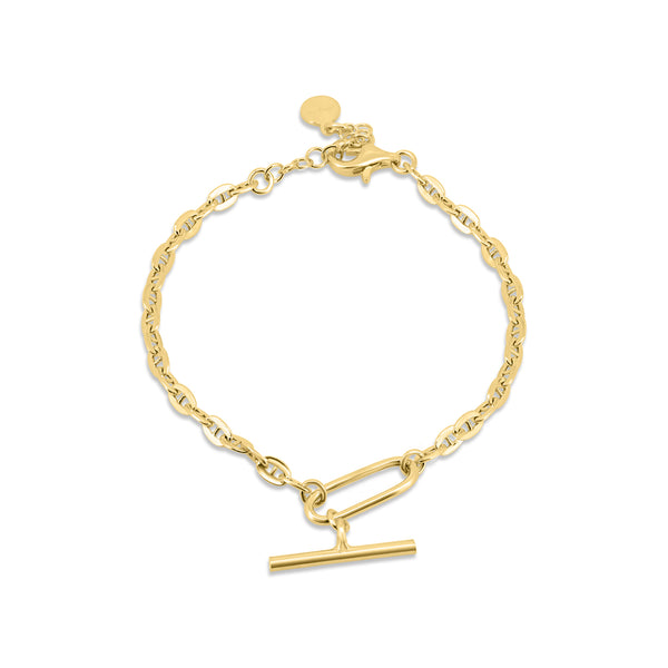 Gold Plated 925 Sterling Silver Flat Marina Paperclip Bar Adjustable Bracelet - ITB00340-GP