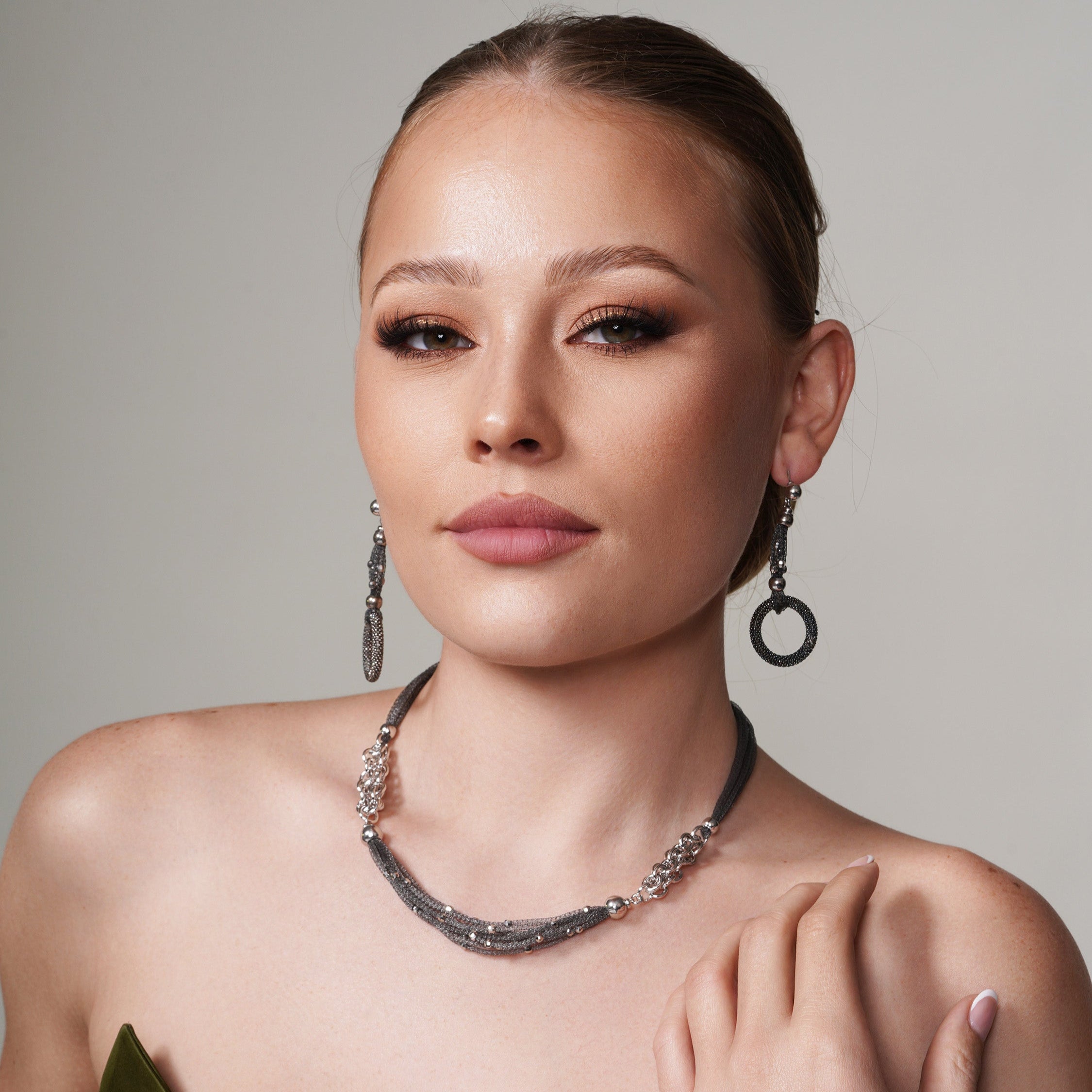 Clearance-Black Rhodium Plated 925 Sterling Silver Multi Mesh Strands with Chain Links & Beaded Accent Necklace- ECN00012