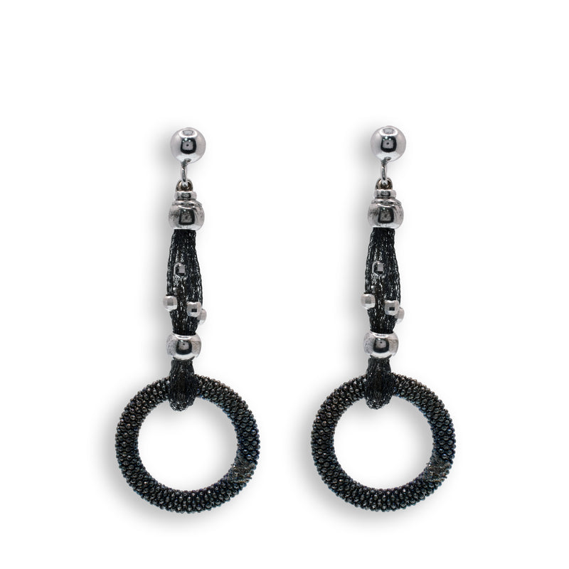 Clearance-Silver 925 Black Rhodium Fancy Dangle Earrings - ITE00017